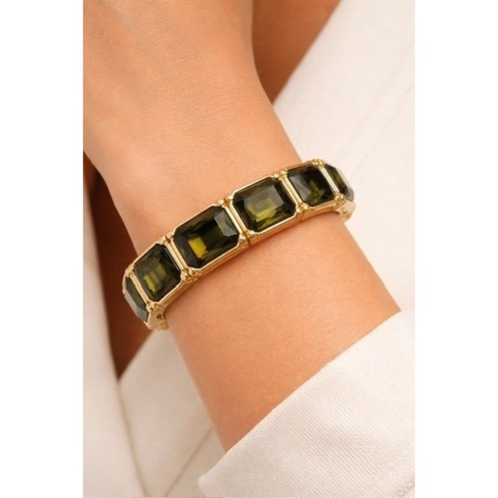 NEW Lia Sophia Stretch Statement Bracelet Olive Green Gold Tone Emerald Cut Glam